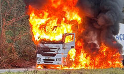 Rize'de arızalanan tır alev alev yandı