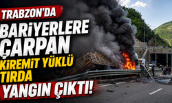 Trabzon'da bariyerlere çarpan kiremit yüklü tırda yangın çıktı