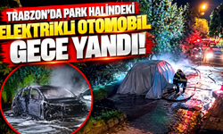 Trabzon'da park halindeki elektrikli otomobil gece yandı