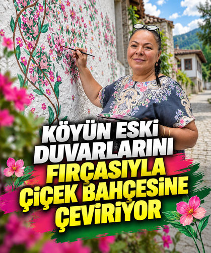 Köyün eski duvarlarını fırçasıyla çiçek bahçesine çeviriyor