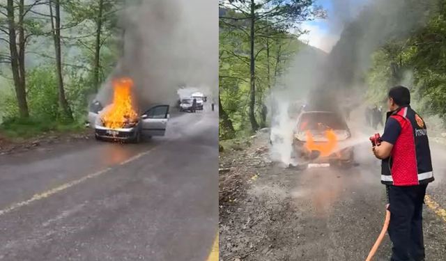 Artvin’de seyir halindeki otomobil alev alev yandı