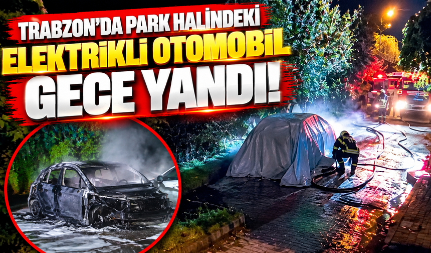 Trabzon'da park halindeki elektrikli otomobil gece yandı