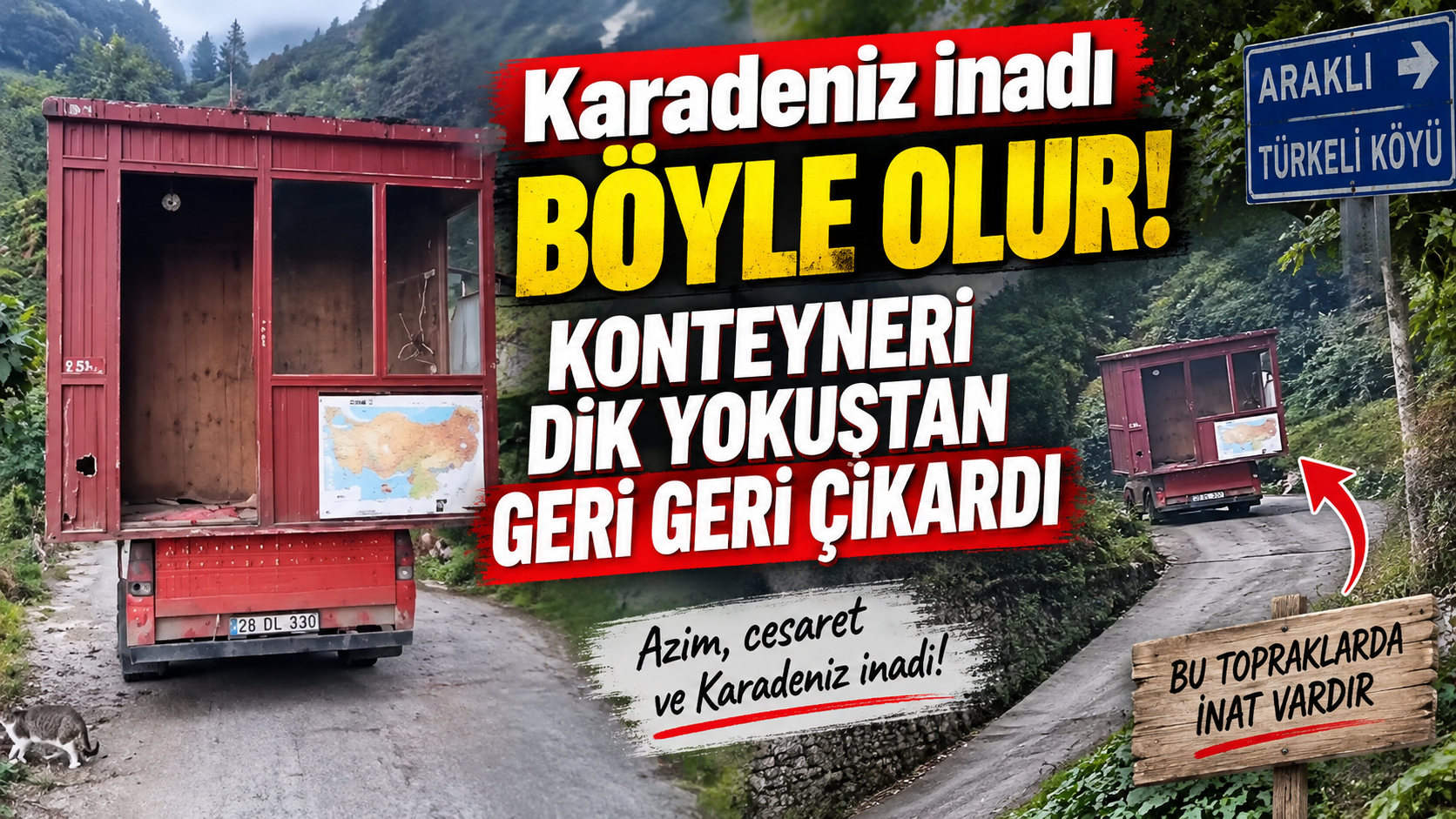 Karadeniz inadı böyle olur! Konteyneri dik yokuştan geri geri çıkardı
